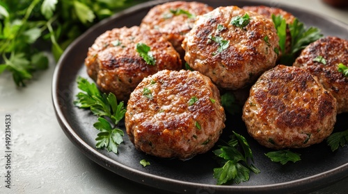 Juicy pan-fried meat patties, parsley garnish, kitchen counter, food photography, recipe