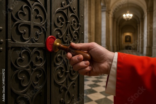 Hand Sealing Red Wax Stamp on Antique Ornate Dark Metal Door Luxurious Elegant Vintage Historical Architectural Detail Intricate Design Wooden Handle Precise Craftsmanship Religious Ceremony Secret   