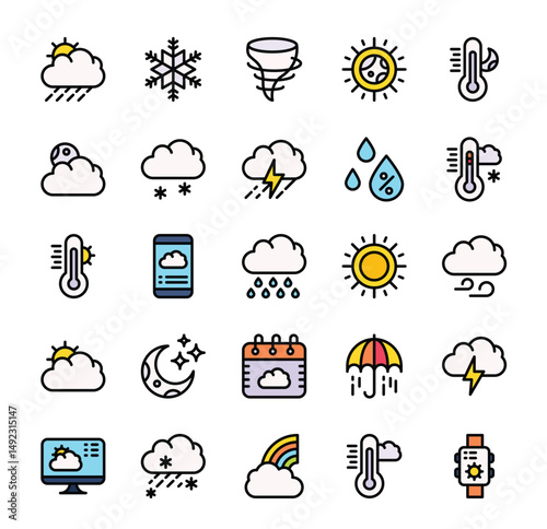 Weather forecasting icons displaying atmospheric conditions