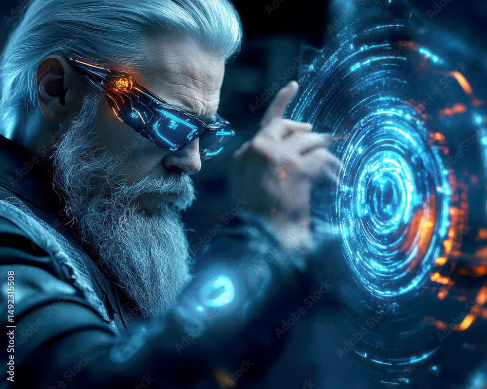 Fototapeta premium A futuristic figure interacting with a digital interface.