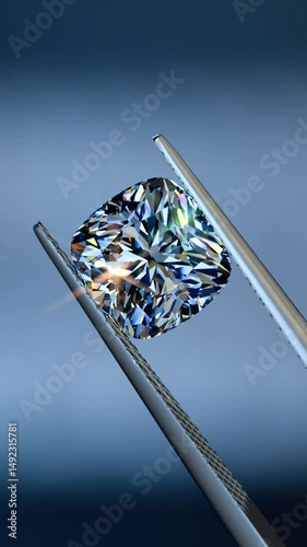Sparkling cushion crushed ice diamond in tweezers on blue background. Seamless loop 3D animation, vertical video.