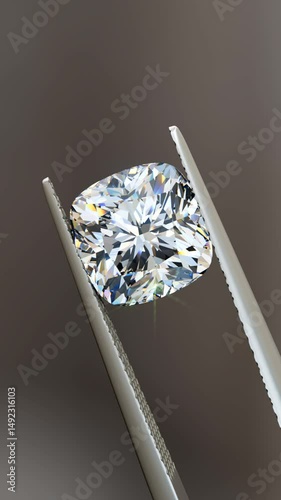 Sparkling cushion crushed ice diamond in tweezers on brown background. Seamless loop 3D animation, vertical video.