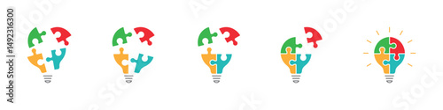 Set of light bulb puzzle icons. Lamp symbol with jigsaw inside. Business concept, idea, strategy. Four puzzle pieces with light bulbs. Vector illustration.