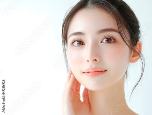 肌が美しい日本人の若い女性。美容広告デザインに最適な人物素材
