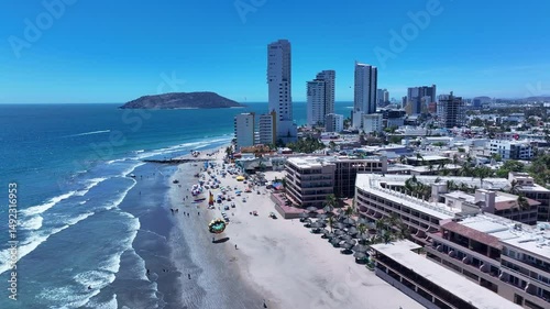 Aerial Mexico Mazatlan beach resort vacation 3. Seaport cargo, automobiles, fishing and cruise ships. Luxury resort Mexican Riviera. Ocean tropical vacation business. Beach recreation. m