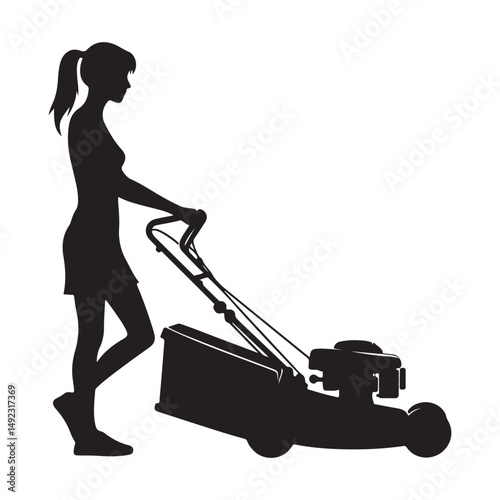 Woman Silhouette Mowing Lawn with a Grass Catcher