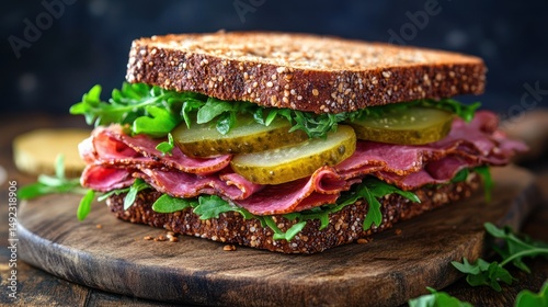 Pastrami sandwich, pickles, arugula, whole wheat bread, dark background, rustic wooden board, food photography, menu use
