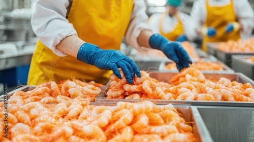 Workers Handling Fresh Shrimp in Seafood Processing Plant with Gloves and Yellow Aprons