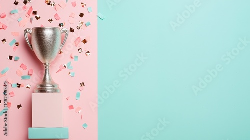 Silver trophy on pastel pink and blue background with colorful confetti scattered for celebration and achievement