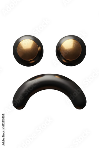 A stylized sad face crafted from glossy black and gold shapes, reflecting emotion through abstract digital design