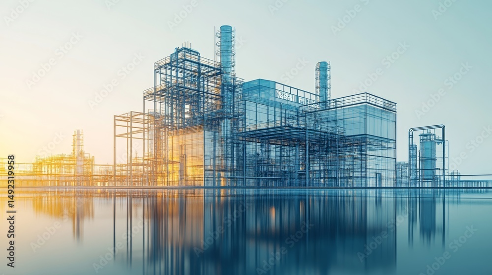 Fototapeta premium Futuristic Industrial Facility Blueprint, Abstract Architectural Design, Vibrant Digital Rendering