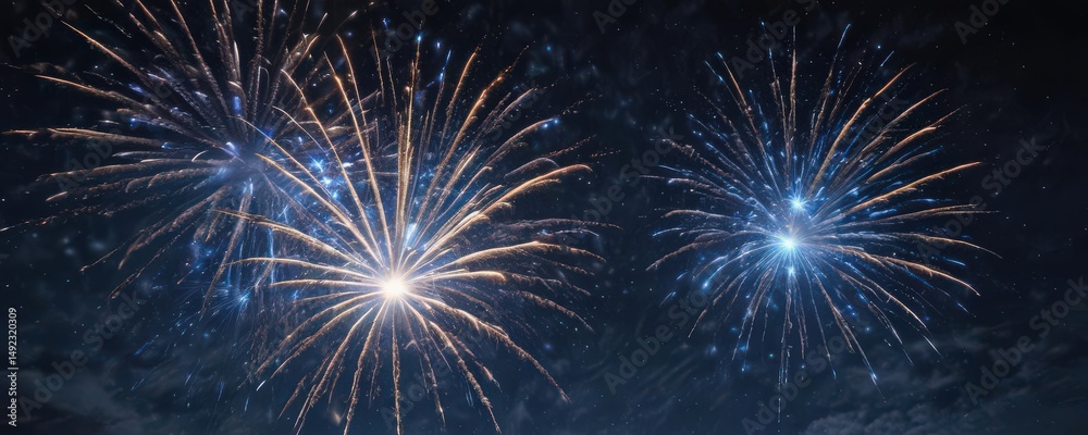 Naklejka premium Vibrant blue fireworks burst against a starlit night sky , pattern, background