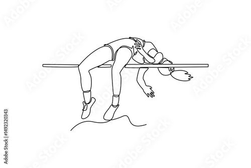 Continuous one line drawing female athlete in action high jump over bar in track field. Dynamic approach to clearing impressive height. Agile and explosive. Single line draw design vector illustration