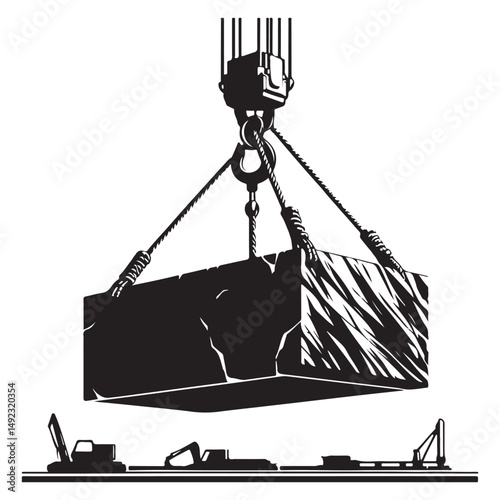 Heavy Lifting Illustration Construction Crane and Suspended Concrete Block