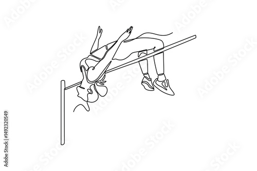 Continuous one line drawing girl jumper high jump in athletics championship. Female person, leap and agility for cardio exercise or contest fitness. Single line draw design vector graphic illustration