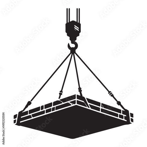 Silhouette Vector Illustration of Construction Slab being Lifted by Crane