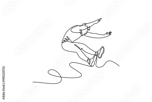 Continuous one line drawing male long jumper and triple jumper in the air with his legs parallel to sand getting ready to land during a competition. Single line draw design vector graphic illustration
