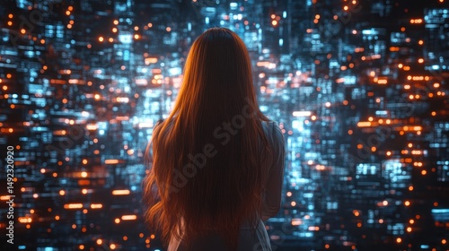 Woman facing digital data wall, futuristic background, tech concept