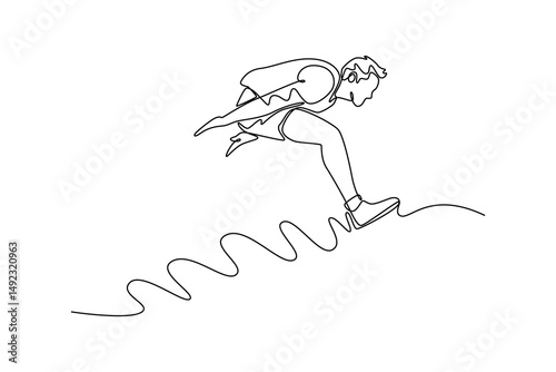 Continuous one line drawing male athlete jumping in sandpit competing in long jump during long or triple jump attempt competitive sports event or training. Single line draw design vector illustration