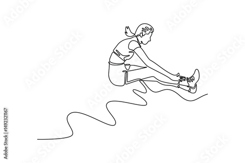 Continuous one line drawing female long jumper and triple jumper in the air with her legs parallel to sand getting ready to land during tournament. Single line draw design vector graphic illustration