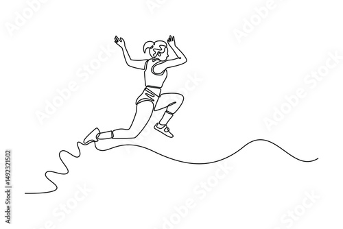 Single continuous line drawing female athlete in sports uniform jumping on sandpit at athletics tournament. Sportswoman training on outdoors stadium. One line draw graphic design vector illustration