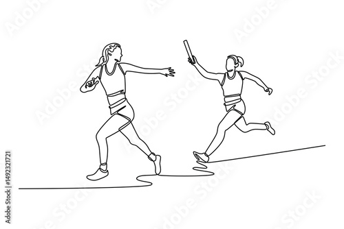 Single continuous line drawing attractive woman team running with baton in relay on stadium track together. Group of athletes holding bar in competitive race. One line draw design vector illustration