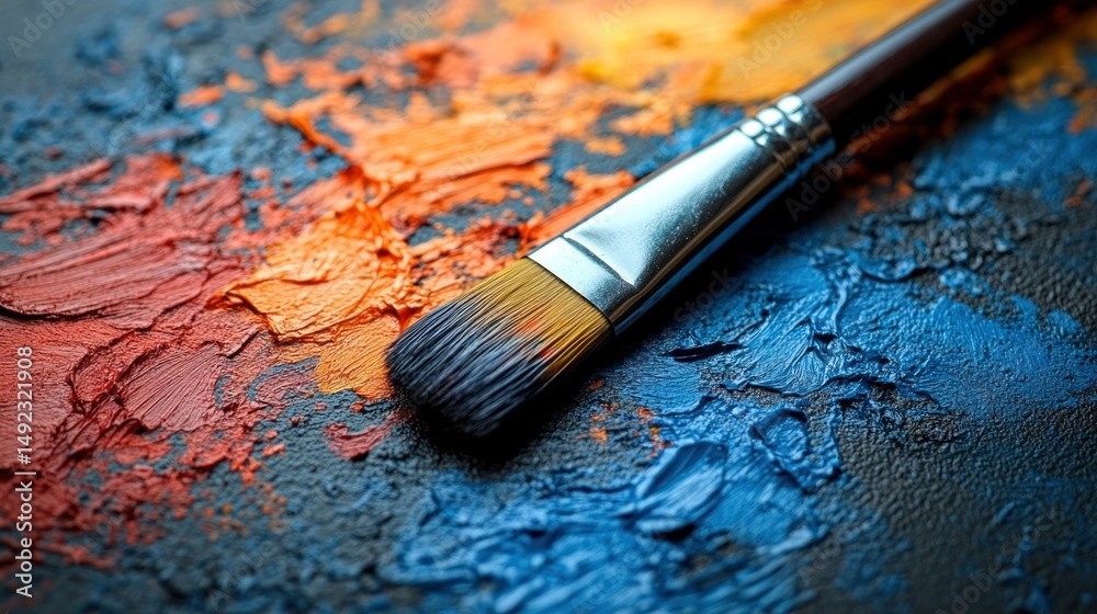 Fototapeta premium Vibrant paint strokes on canvas with brush