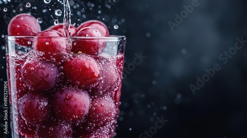 Refreshing Bubbles of Grapes in Sparkling Water with a Dark Background and Moisture Droplets