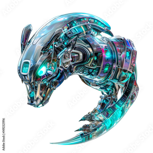 Chrome Cybernetic Machine Head Object on Black, cut out transparent