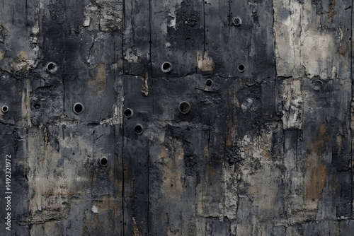 A weathered metal wall with a seamless appearance and visible rivets displays a textured surface in multiple gray tones, accompanied by streaks that signify aging and deterioration