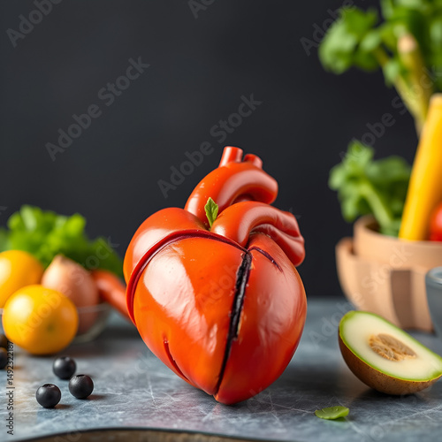 Nutritional food for heart health wellness by cholesterol diet and healthy nutrition eating with clean fruits and vegetables in heart dish by nutritionist and doctor recommended for patient well-being