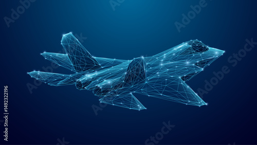 Digital fighter jet. Digital military airplane in futuristic tech style. Polygonal jet fighter hologram. AI innovations in air transport industry or high-speed concept. Abstract aircraft background.