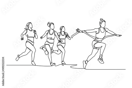 Single continuous line drawing happy woman winning race and coming first to finish line with ribbon over group of sportswoman running marathon on stadium. One line graphic design vector illustration
