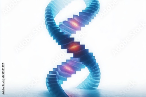 Abstract three-dimensional DNA double helix structure with translucent blue steps and glowing orange cores on a white background