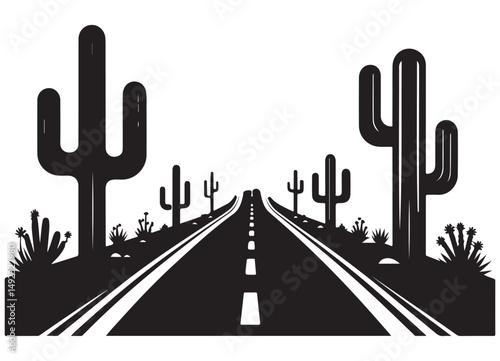 Desert Road Silhouette Vector Illustration with Cacti Landscape Scenic