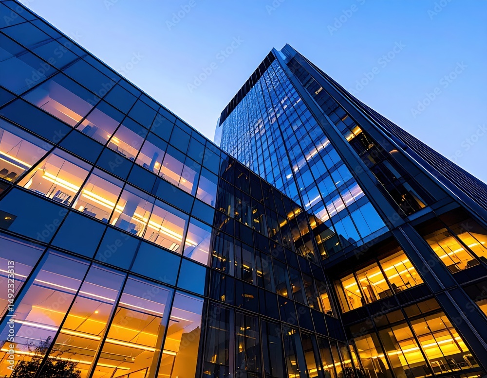 Naklejka premium Modern glass building with illuminated windows at dusk