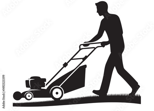 Man Mowing the Lawn Silhouette Illustration Professional Landscaping Services