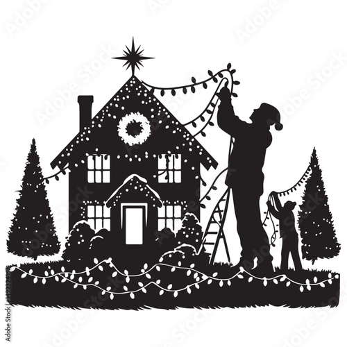 Family Decorating House with Christmas Lights Silhouette Vector Art