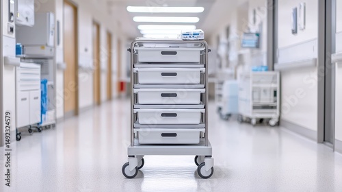 Medical Equipment Cart in a Modern Hospital Corridor with Bright Lighting and Clean Environment