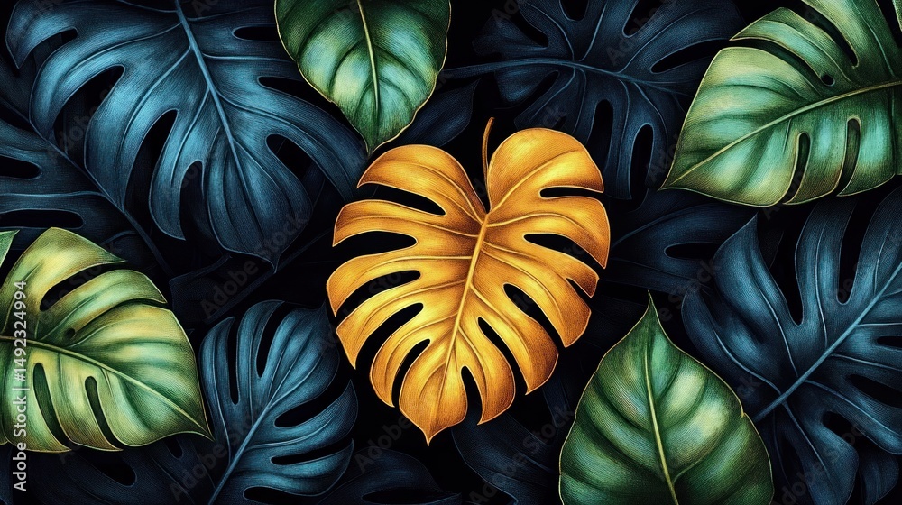 custom made wallpaper toronto digitalClose-up of a collection of large tropical leaves featuring a central vibrant golden-yellow leaf surrounded by textured dark blue and green leaves on a black background