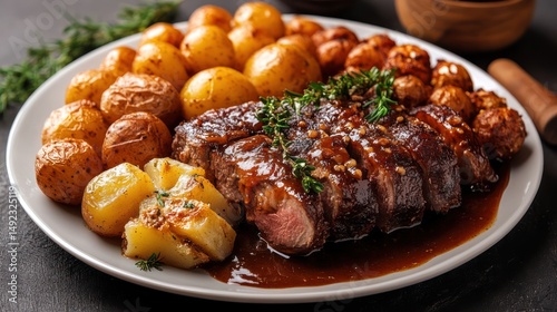 Roasted meat, potatoes, herbs, dark background, delicious meal
