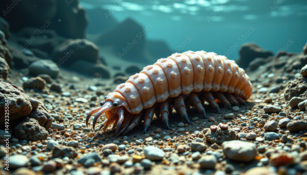 Close-up view of a marine creature with segmented body and numerous legs crawling on ocean floor among pebbles and rocks in clear water Close-up view of a marine creature with segmented body and numerous legs crawling on ocean floor among pebbles and rocks in clear water