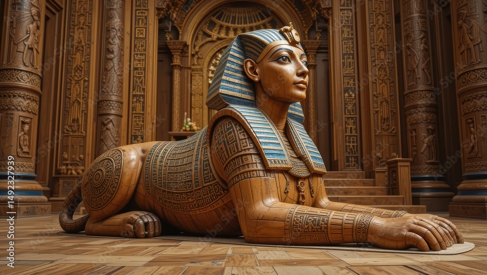 Fototapeta premium Intricate Wooden Sphinx Statue in Lush Historic Egyptian Architecture Interior