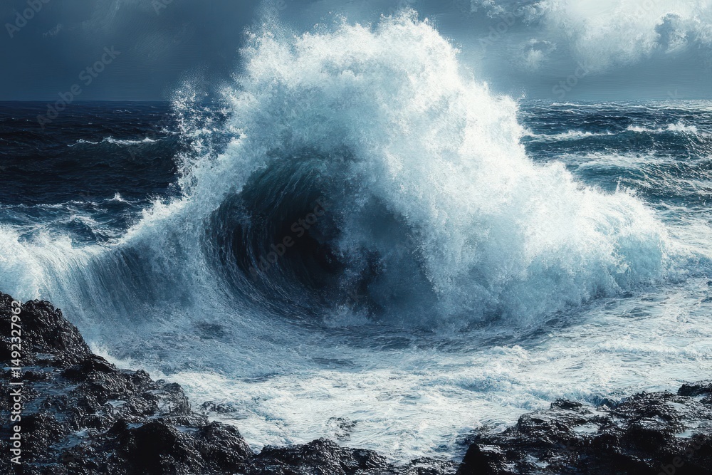 Obraz premium Powerful ocean wave crashing against jagged black rocky shore under stormy cloudy sky