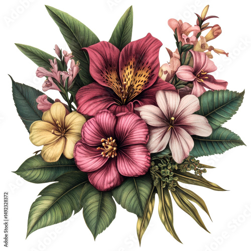 Botanical illustration with various blossom and lush foliage, cut out transparent