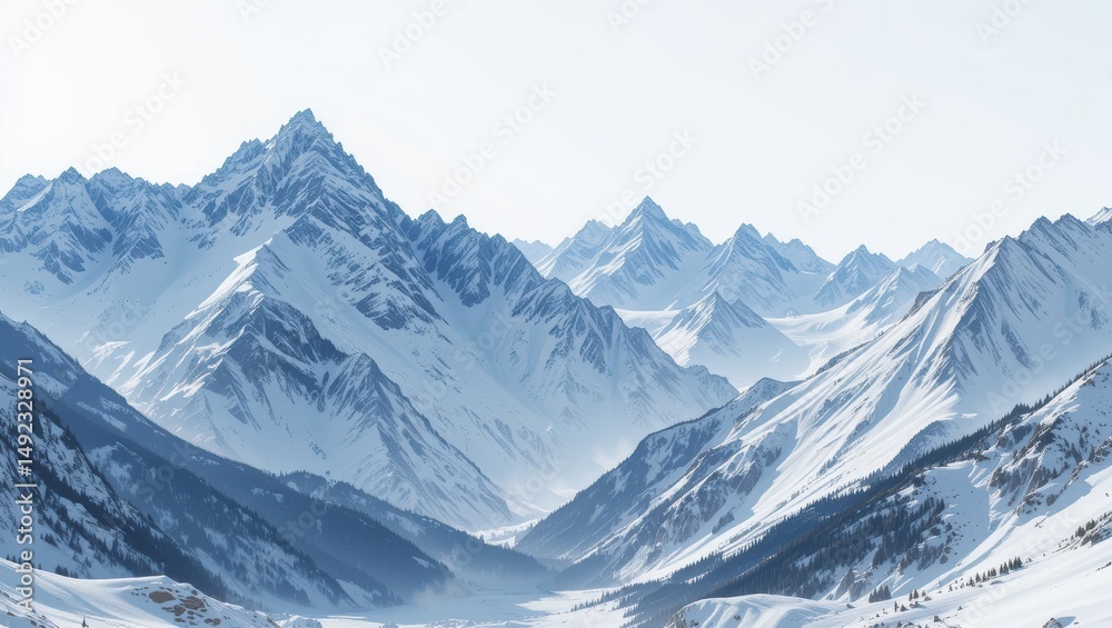 Obraz premium Majestic Snowy Mountain Range Under Clear Blue Sky in Winter Landscape