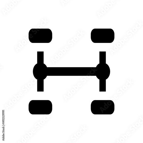 Illustration of a simple black car chassis with four wheels and a central axle connecting them all