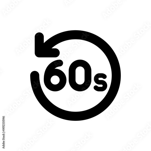 A black and white icon depicting a circular arrow with the text seconds inside the circle on a white background