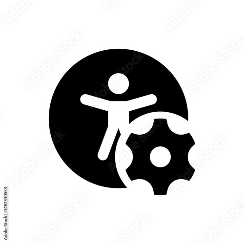 Silhouette of a person with arms outstretched inside a circle next to a gear symbolizing accessibility