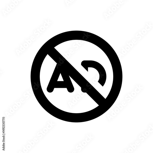 A black and white graphic of a circle with a diagonal line through the letters ad indicating prohibition